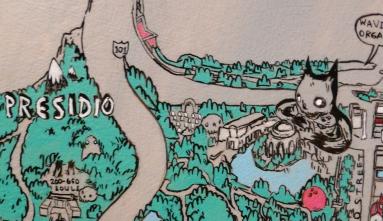 painting of giant cat character in map of san francisco